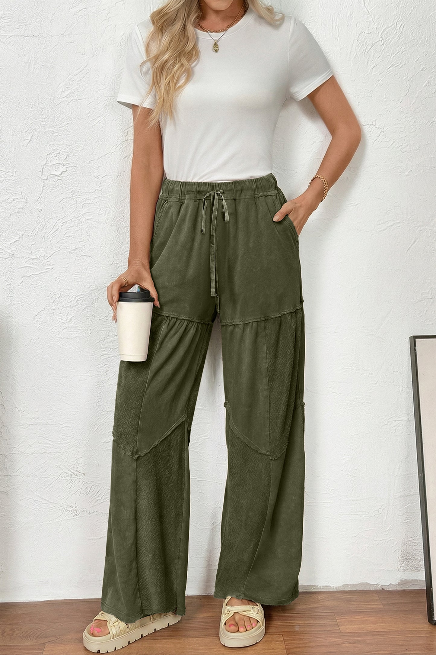 Wild Ginger Careys Mineral Wash Tiered Wide Leg Patchwork Drawstring Pants