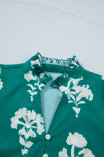 Frilled V Neck Puff Short Sleeve Floral Mini Dress