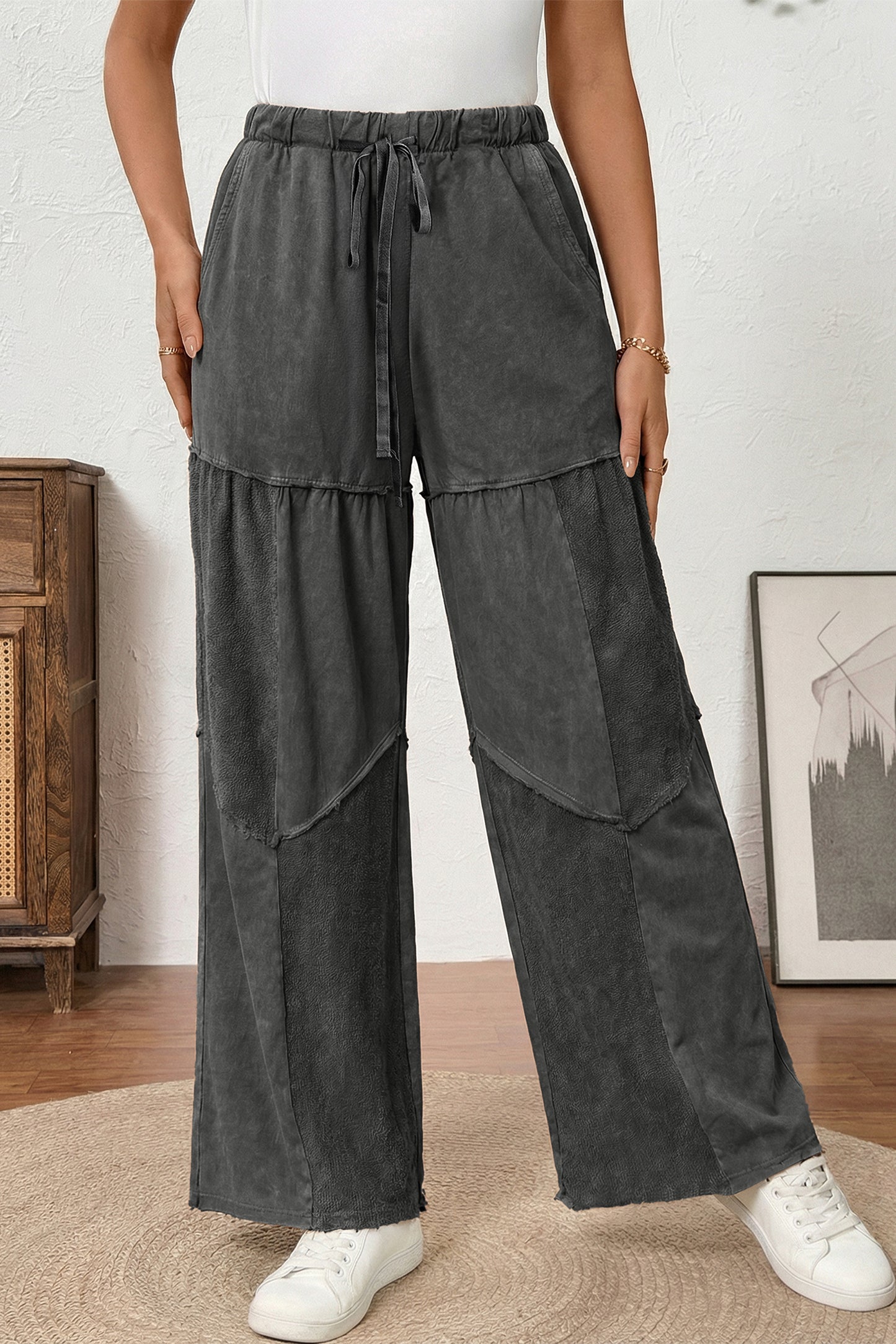 Wild Ginger Careys Mineral Wash Tiered Wide Leg Patchwork Drawstring Pants