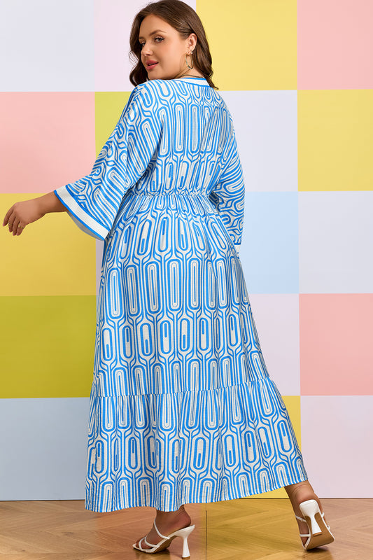 Plus Size Geometric Print Contrast Trim V Neck Bracelet Sleeve Long Dress