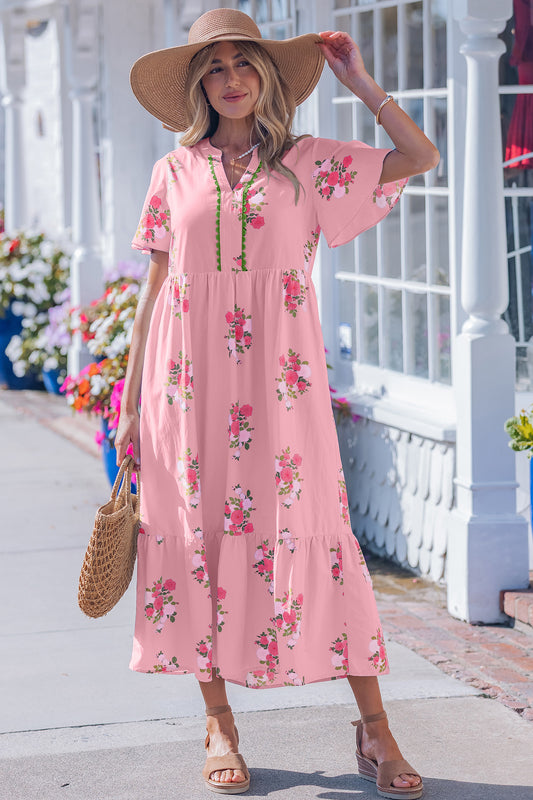 Notched Neck Flutter Short Sleeve Floral Print Maxi Dress