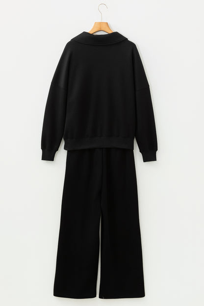 Bristol Black Collared V Neck Pullover Sweatshirt Sweatpants Set
