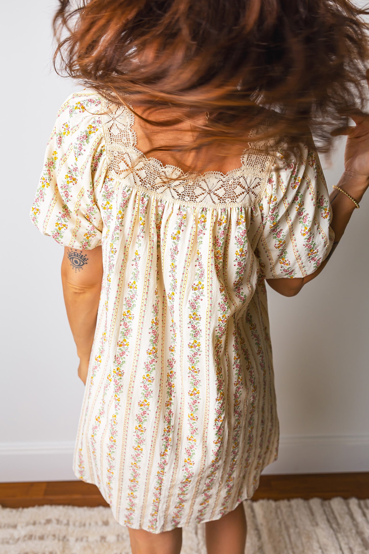 Multicolour Floral Print Contrast Ribbon Bow Lace Trim Square Neck Mini Dress