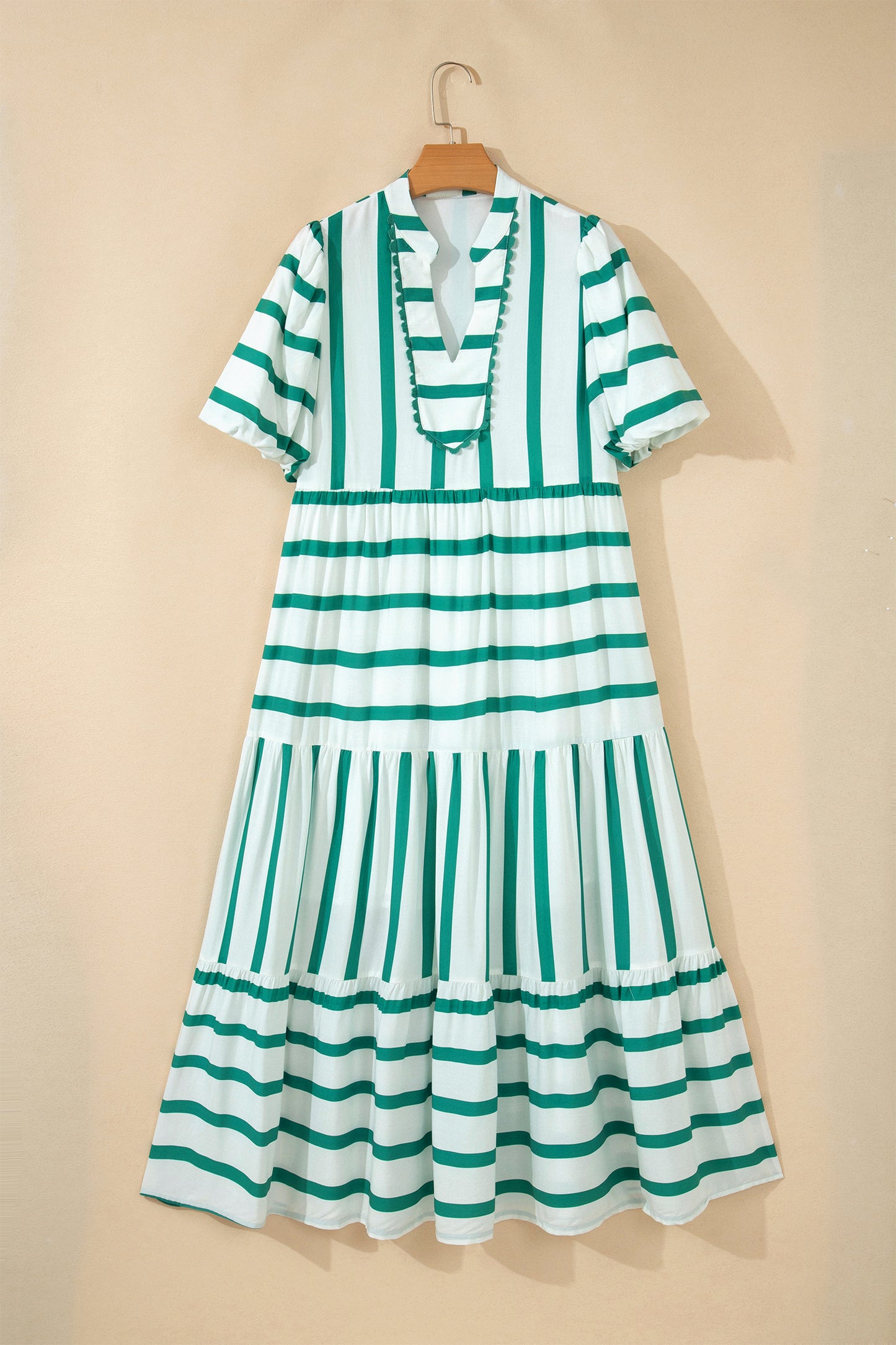 Stripe Ricrac Trim Notched Neck Half Sleeve Vacation Dress