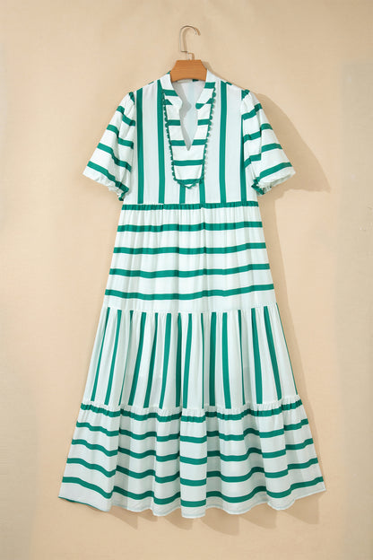 Stripe Ricrac Trim Notched Neck Half Sleeve Vacation Dress
