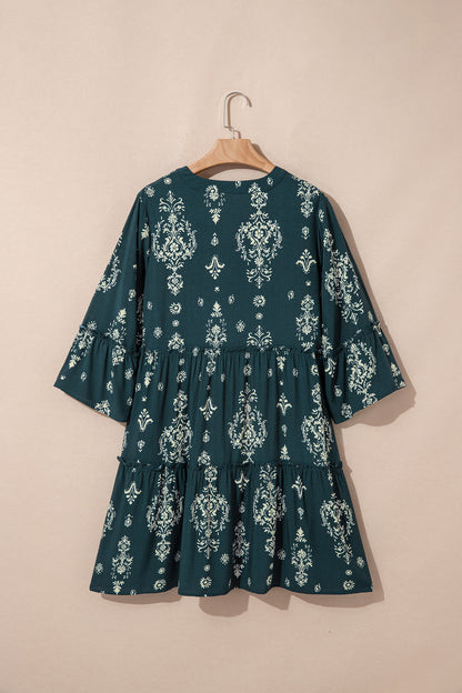 Blue Boho Floral Print Lettuce Trim 3/4 Sleeve Mini Dress