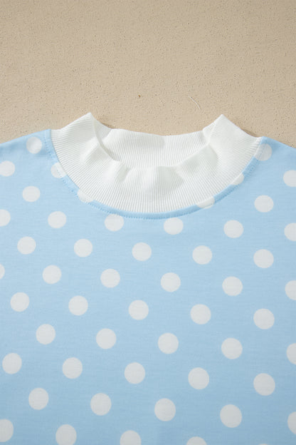Polka Dot Print Color Block Trim Mock Neck Short Set