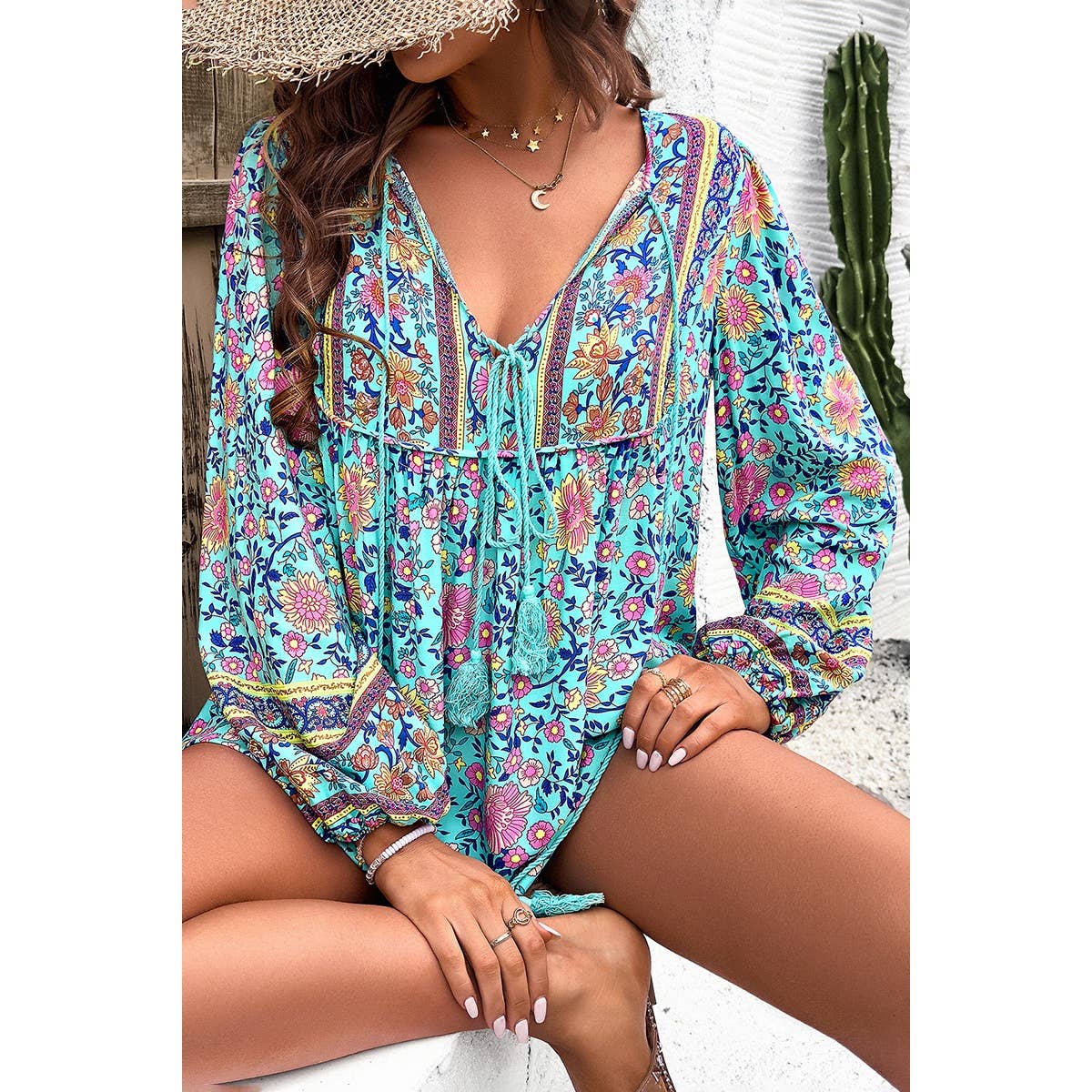 All Over Floral Print Cross Deep V Boho Top - MVTFASHION.COM