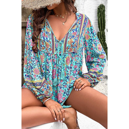 All Over Floral Print Cross Deep V Boho Top - MVTFASHION.COM
