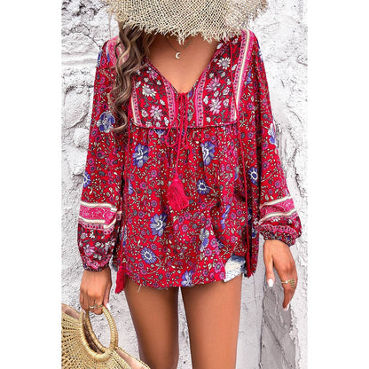 All Over Floral Print Cross Deep V Boho Top - MVTFASHION.COM