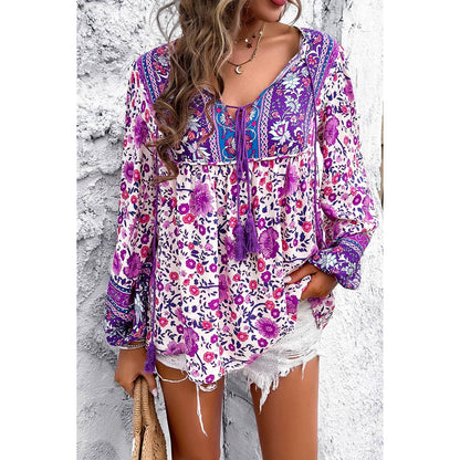 All Over Floral Print Cross Deep V Boho Top - MVTFASHION.COM