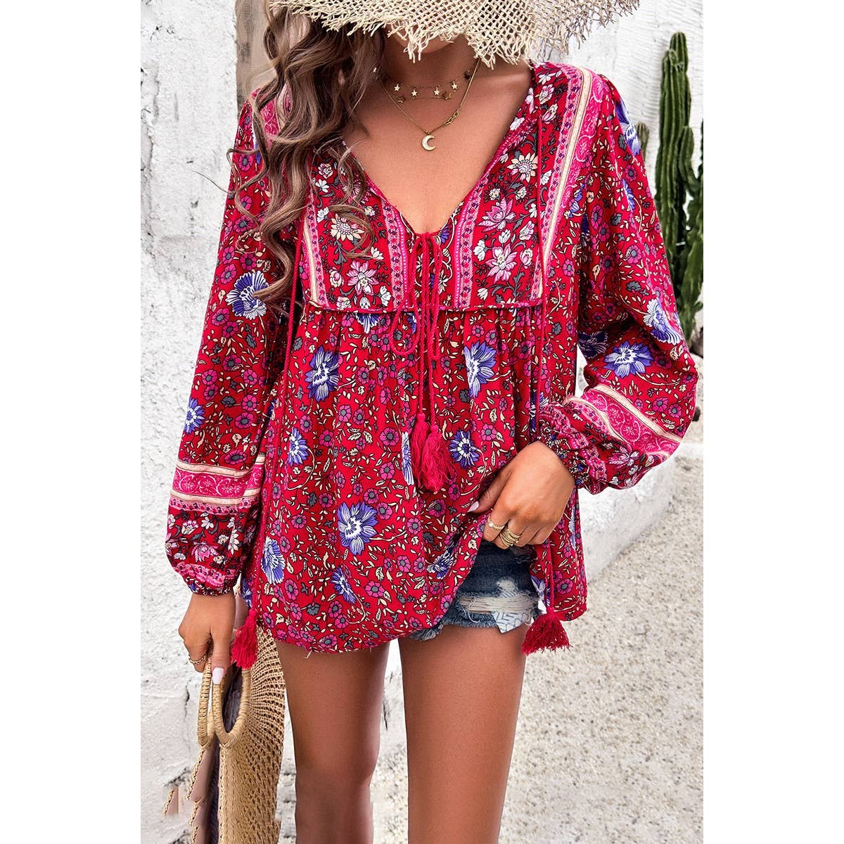 All Over Floral Print Cross Deep V Boho Top - MVTFASHION.COM