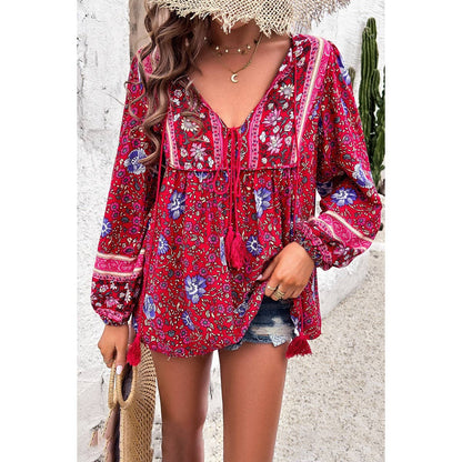 All Over Floral Print Cross Deep V Boho Top - MVTFASHION.COM