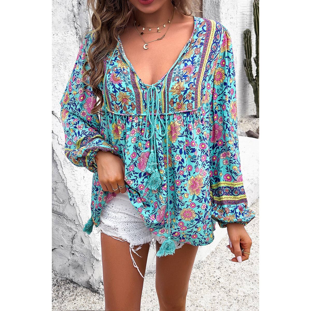 All Over Floral Print Cross Deep V Boho Top - MVTFASHION.COM