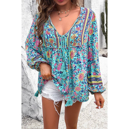 All Over Floral Print Cross Deep V Boho Top - MVTFASHION.COM