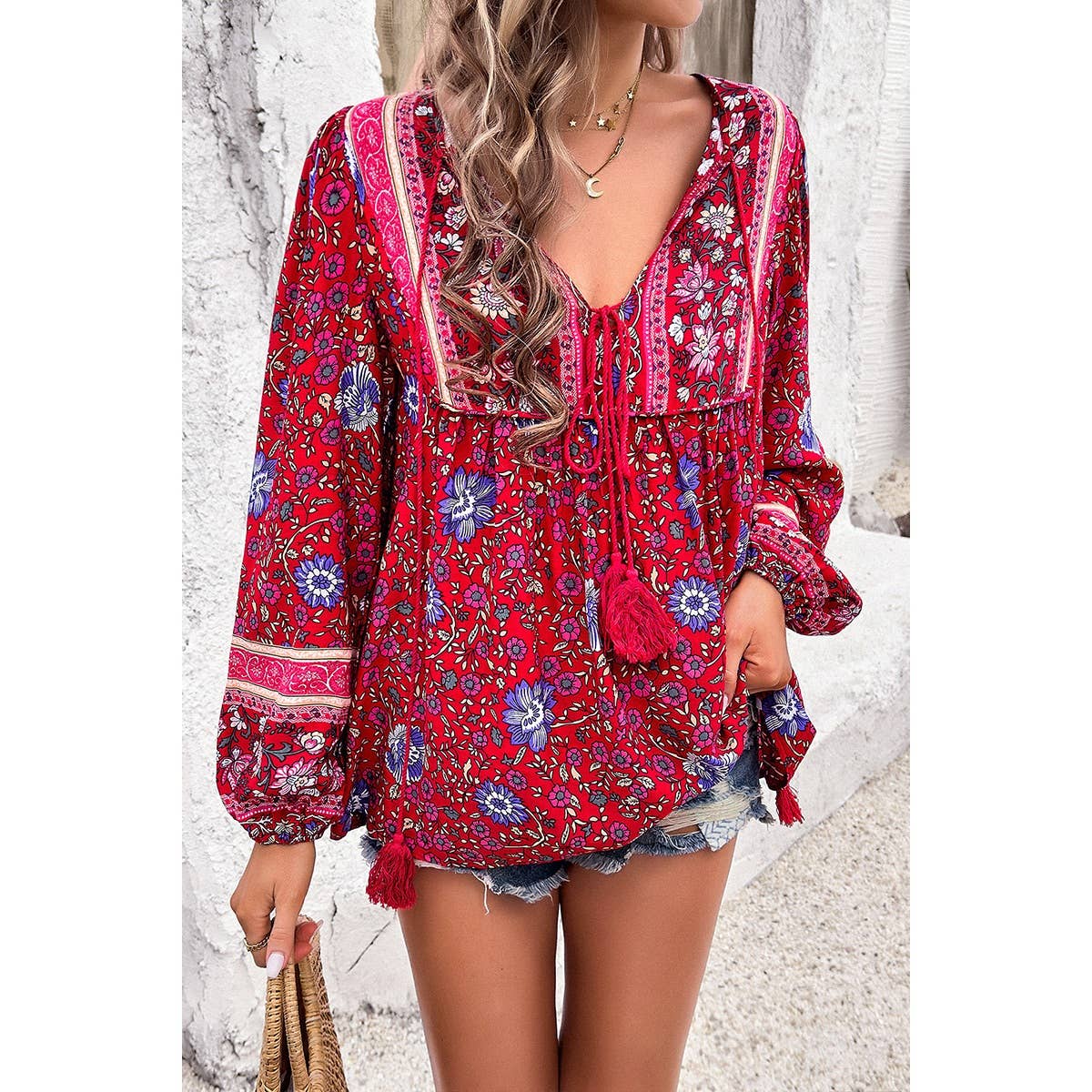 All Over Floral Print Cross Deep V Boho Top - MVTFASHION.COM