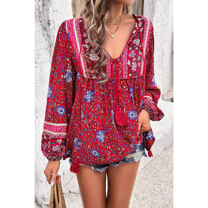 All Over Floral Print Cross Deep V Boho Top - MVTFASHION.COM