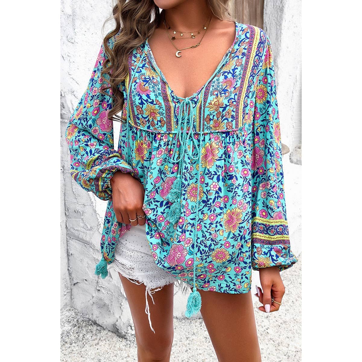 All Over Floral Print Cross Deep V Boho Top - MVTFASHION.COM