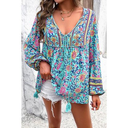 All Over Floral Print Cross Deep V Boho Top - MVTFASHION.COM