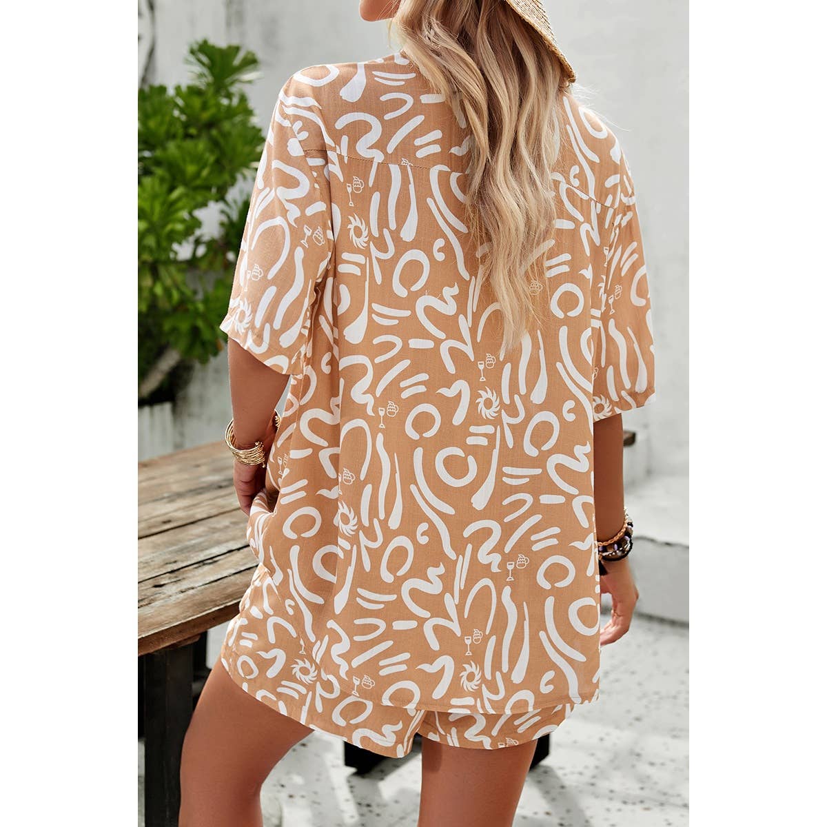 Allover Print Elastic Shorts Two Pieces Button Set - Elings