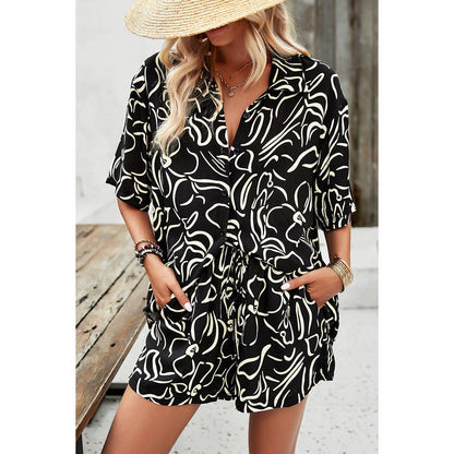 Allover Print Elastic Shorts Two Pieces Button Set - Elings