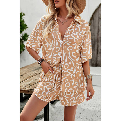 Allover Print Elastic Shorts Two Pieces Button Set - Elings