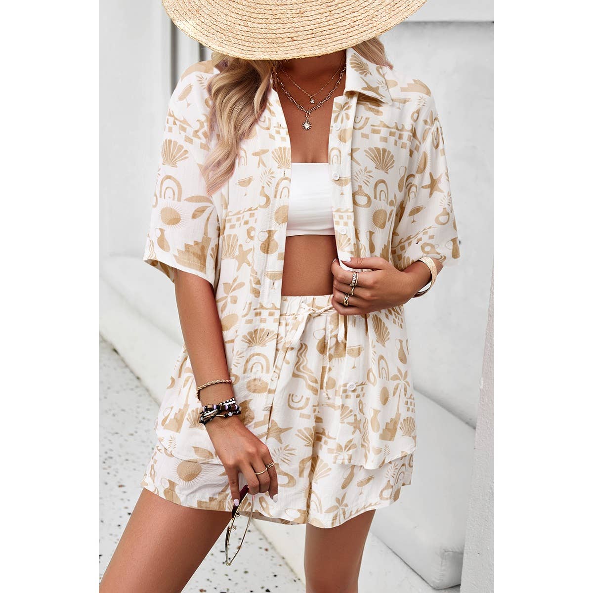 Allover Print Elastic Shorts Two Pieces Button Set - Elings