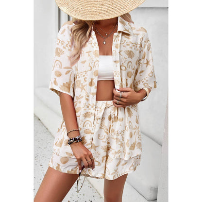 Allover Print Elastic Shorts Two Pieces Button Set - Elings