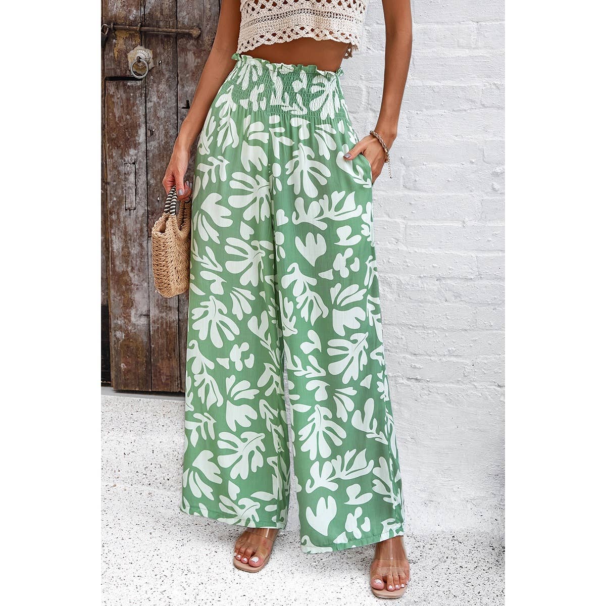 Allover Print Pockets Elastic Band Belt Pant