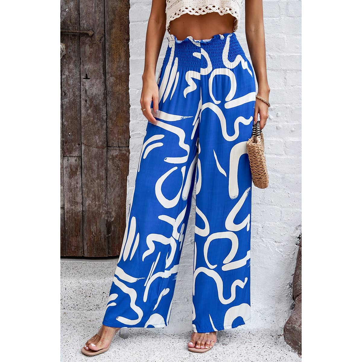 Allover Print Pockets Elastic Band Belt Pant