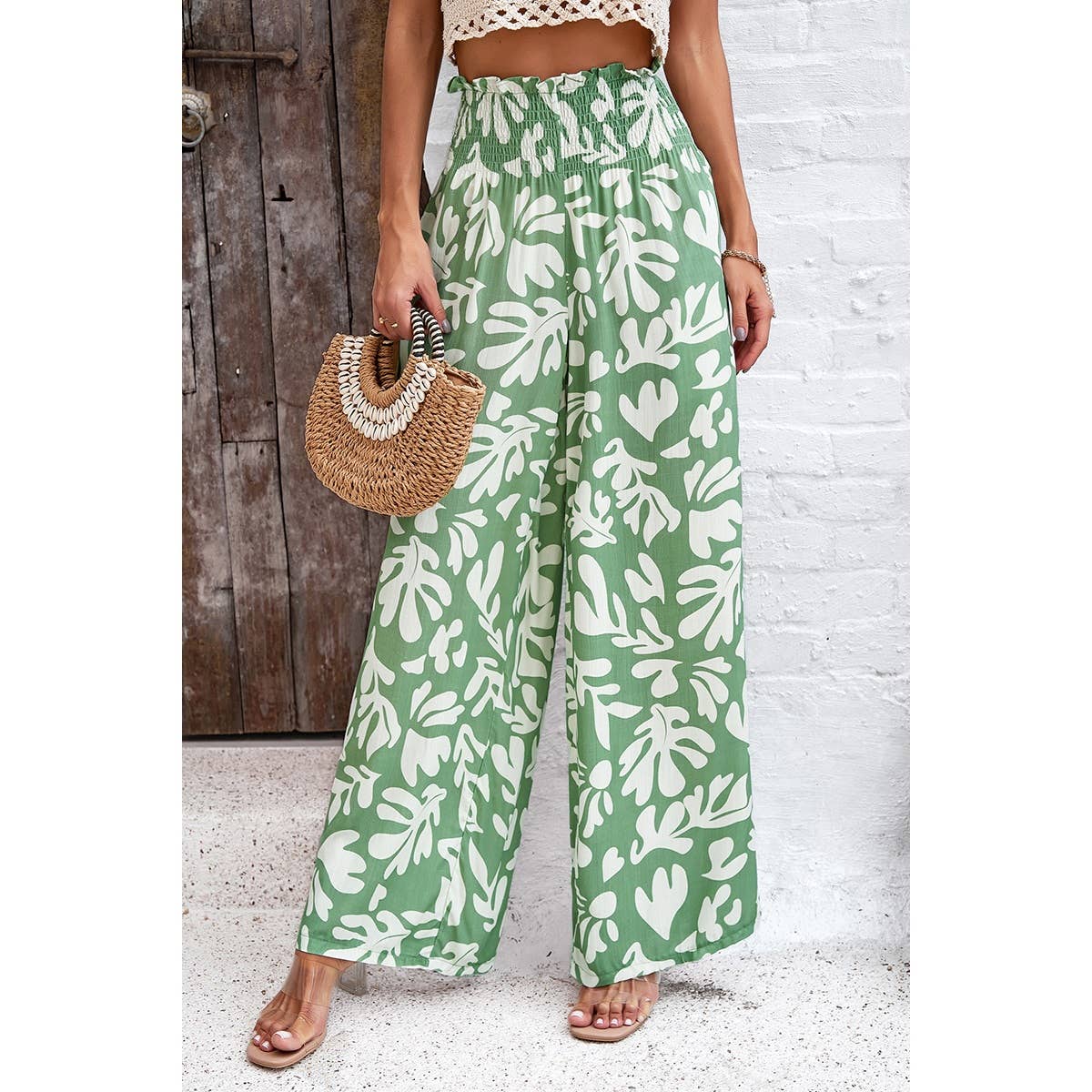 Allover Print Pockets Elastic Band Belt Pant