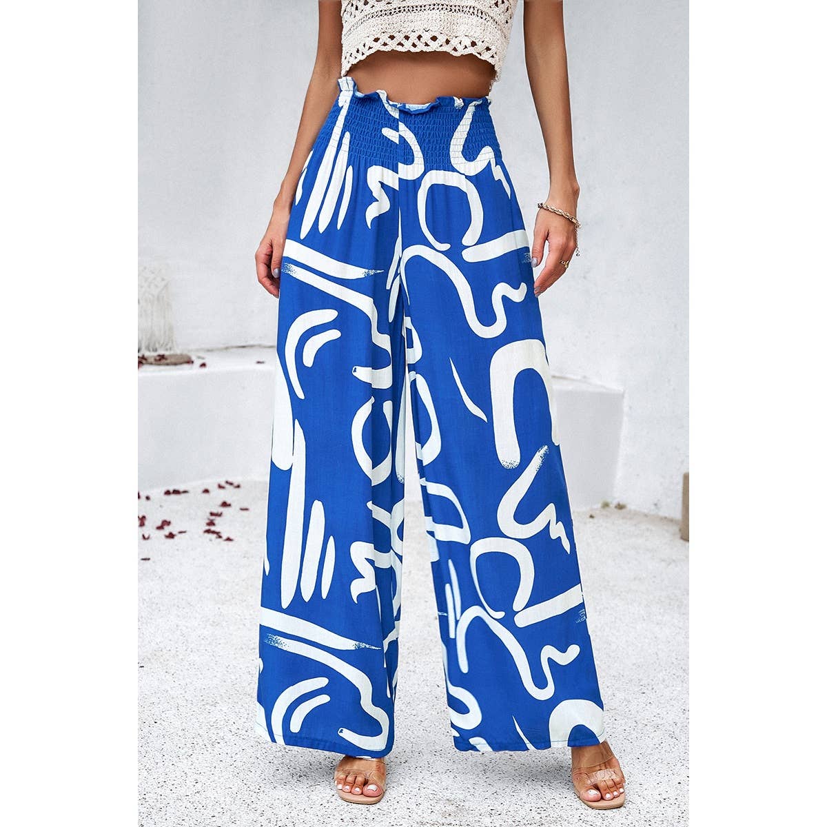 Allover Print Pockets Elastic Band Belt Pant