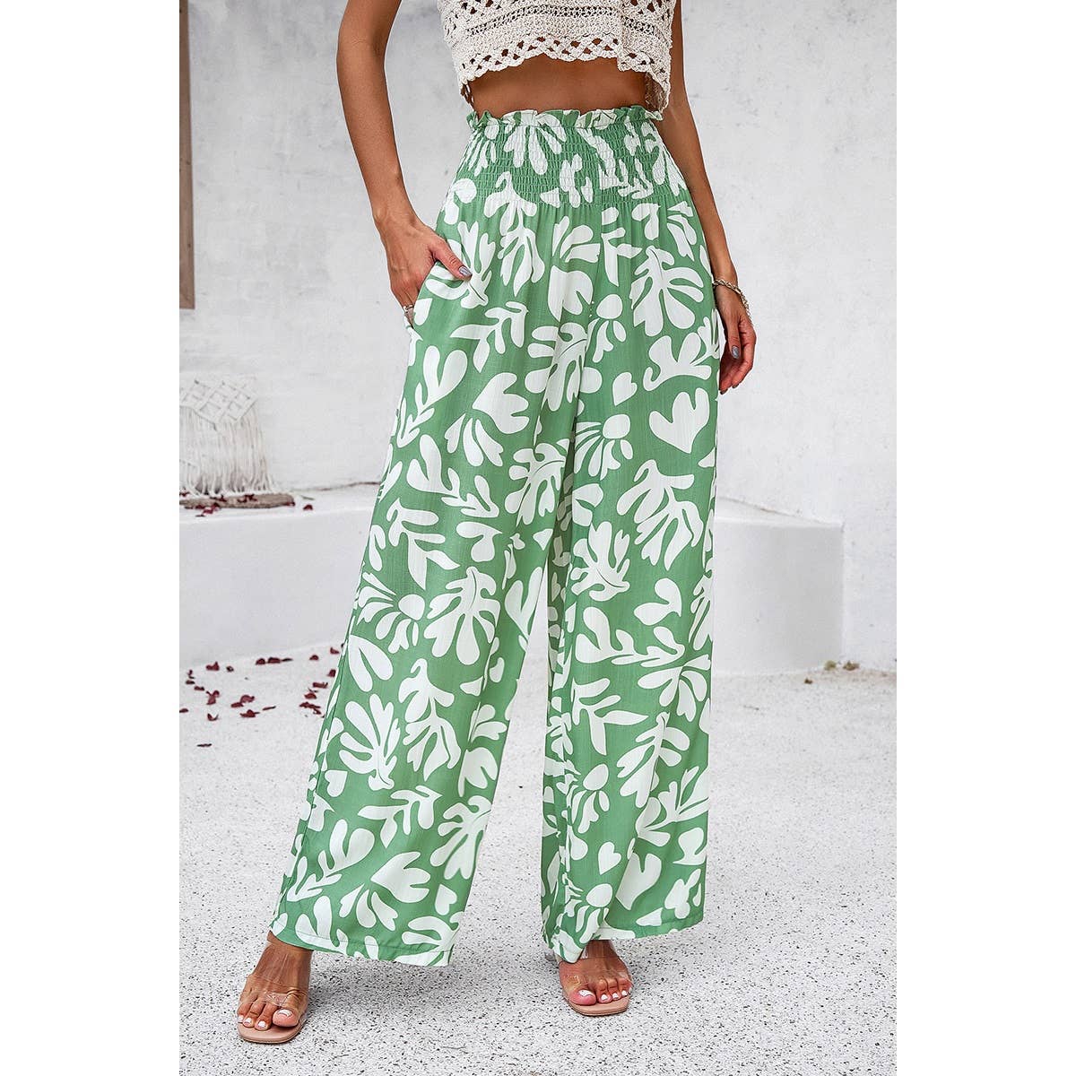 Allover Print Pockets Elastic Band Belt Pant