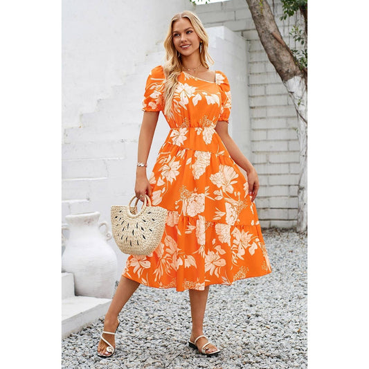 Asymmetric Neck Floral Color Block Puff Dress