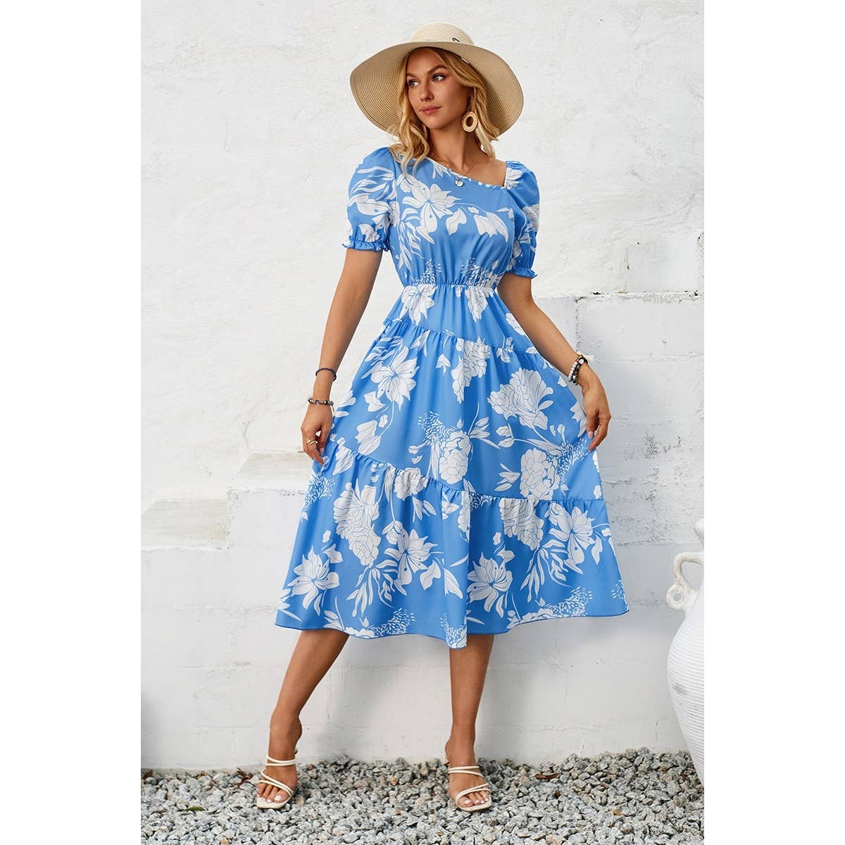 Asymmetric Neck Floral Color Block Puff Dress