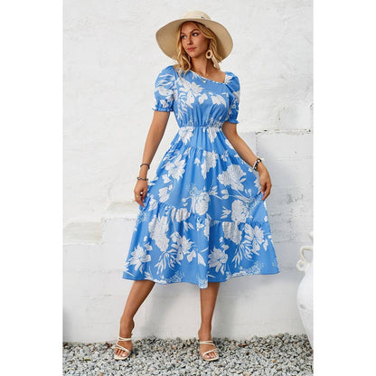 Asymmetric Neck Floral Color Block Puff Dress