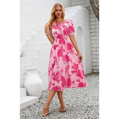 Asymmetric Neck Floral Color Block Puff Dress