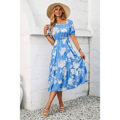 Asymmetric Neck Floral Color Block Puff Dress