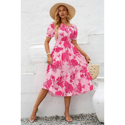 Asymmetric Neck Floral Color Block Puff Dress