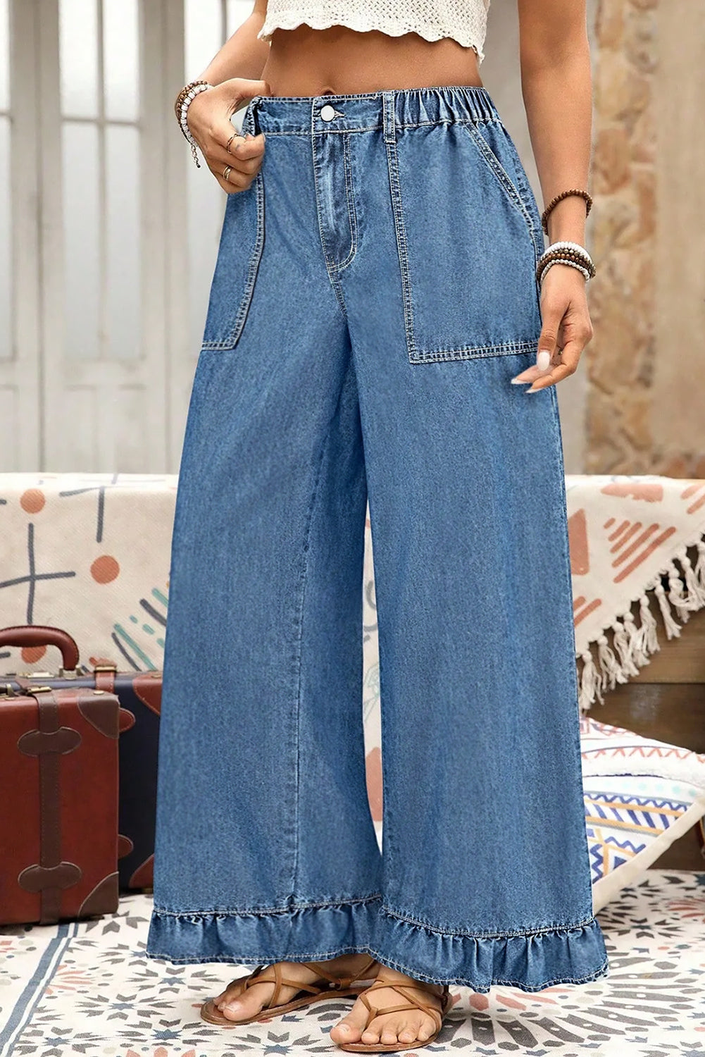 Black Plus Size Elastic Waist Ruffled Wide Leg Denim Pants
