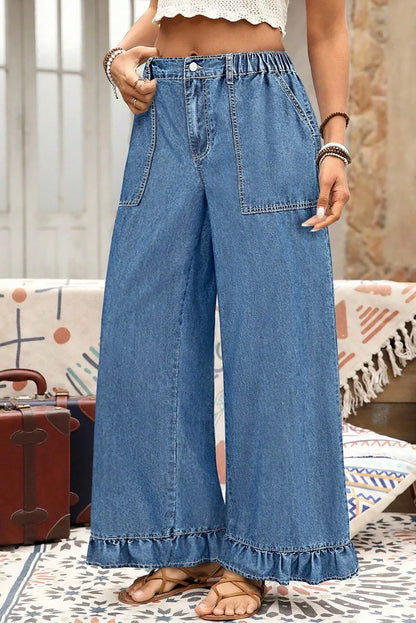 Black Plus Size Elastic Waist Ruffled Wide Leg Denim Pants