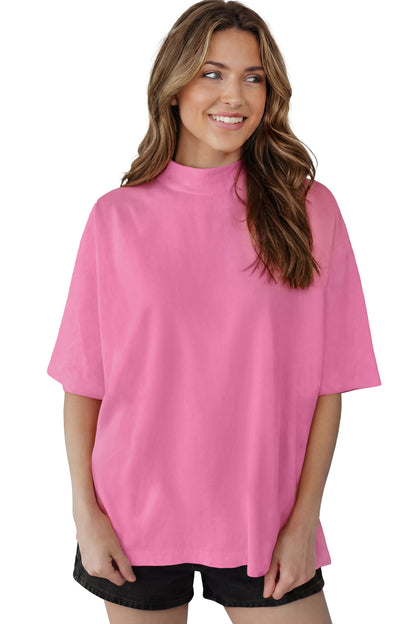Pink Solid Color High Neck Oversize Tee
