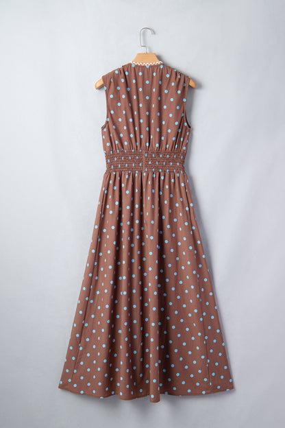 Polka Dot Print Contrast Trim V Neck Zip Up Sleeveless Dress