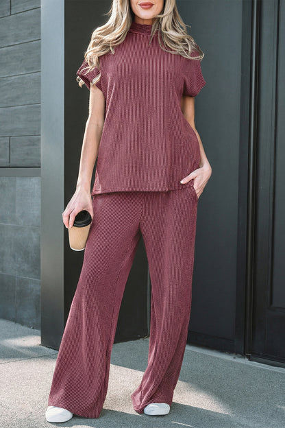 Dark Grey Twisted Ribbed High Neck Loose Tee Elastic High Waist Loose Pant Set