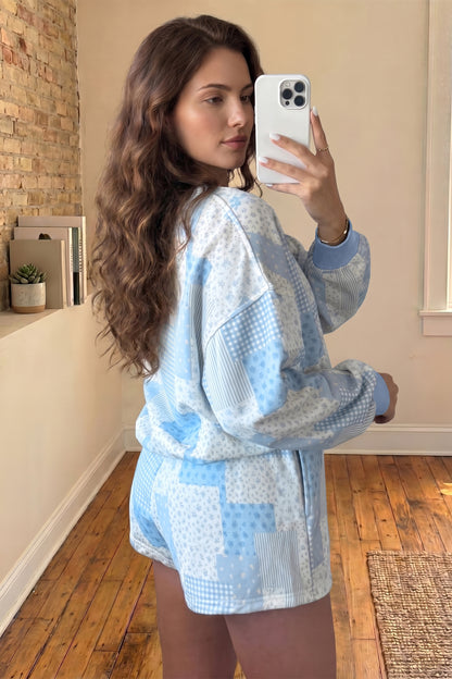 Patchwork Floral Print Drop Shoulder Baggy Pullover Drawstring Shorts Set