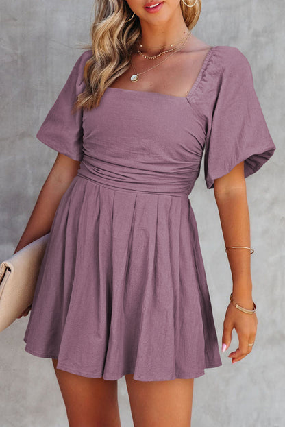 Square Neck Ruched Puff Sleeve Romper