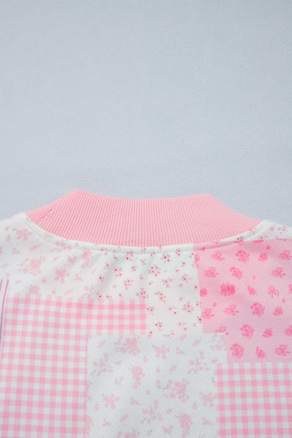 Patchwork Floral Print Drop Shoulder Baggy Pullover Drawstring Shorts Set