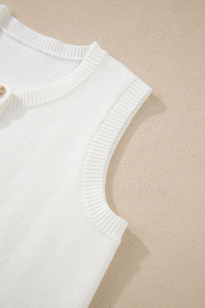 Solid Color Sleeveless Knit Button Pocketed Sweater