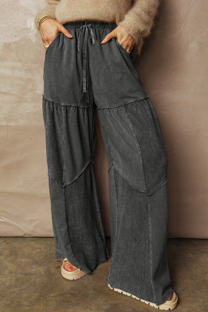 Wild Ginger Careys Mineral Wash Tiered Wide Leg Patchwork Drawstring Pants