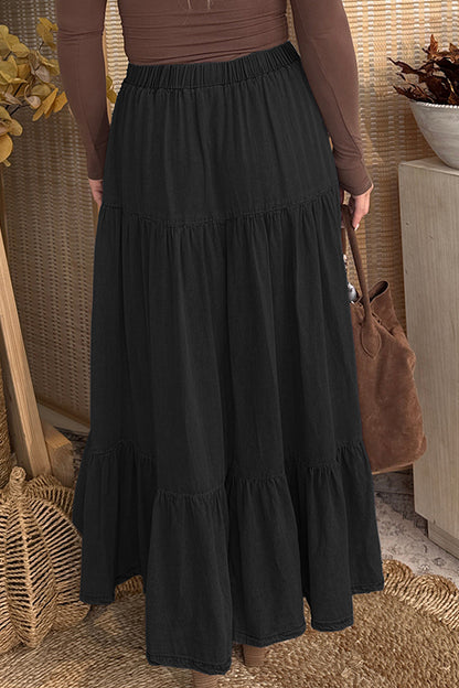 Elastic Waist Ruffled Tiered Flared Denim Maxi Skirt